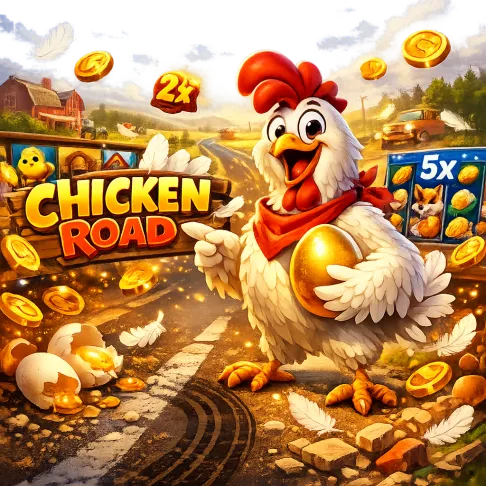 Promotional image for Chicken Road slot game featuring a funny chicken, road lanes, and bright casino elements.